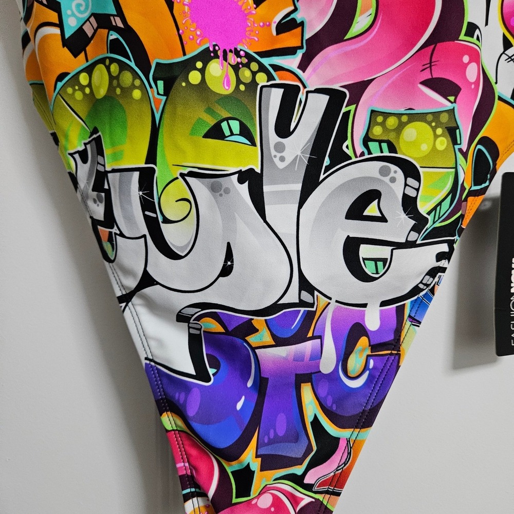 NWT Fashion Nova Swimsuit Women Lg Multicolor Not That Graffiti 1 Piece High Leg - Picture 5 of 12